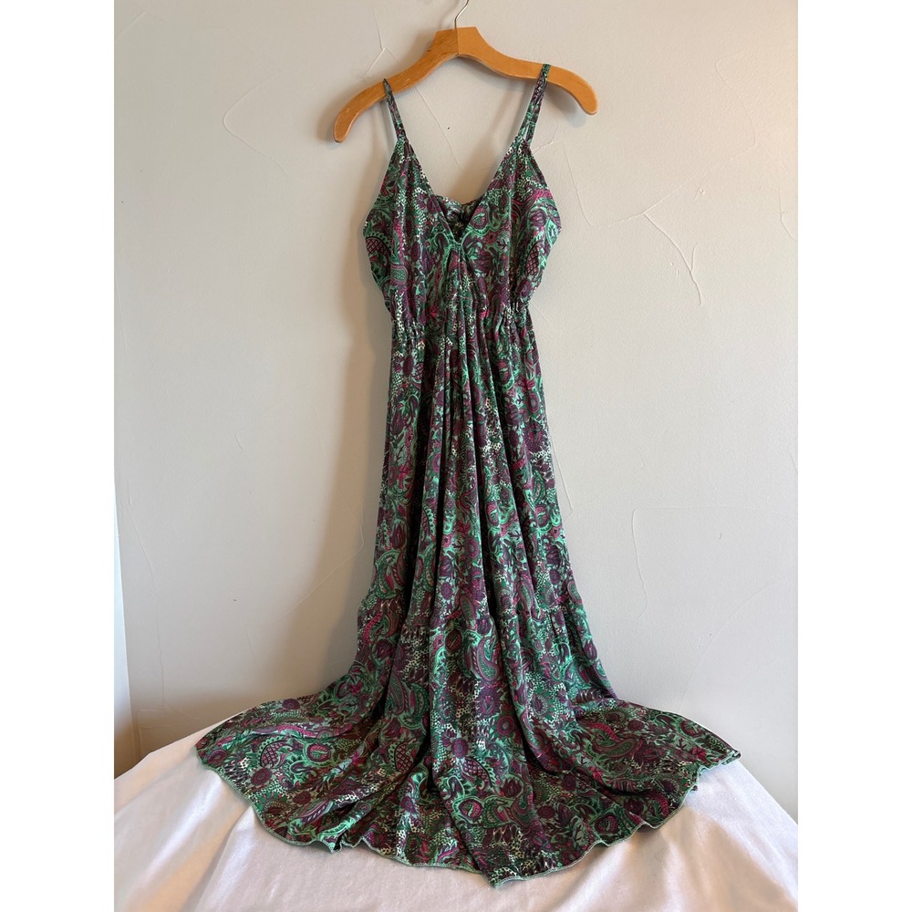 Art Silk Paisley Maxi Dress Green Fuchsia Boho Tie Back Free Size 80/20 Silk‎